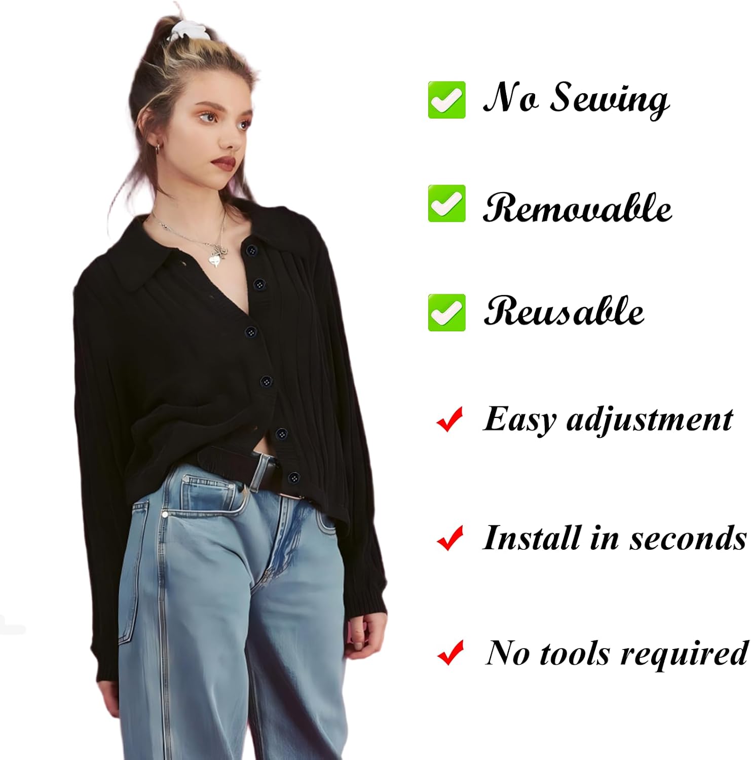 ZLMCUJE 10 Sets 15mm(3/5) 4-Hole Black Resin Button,Safety Pins,No Sewing,No Tool,Reusable for Clothes(Shirts,Cardigans,Pants,ect.) DIY Crafts